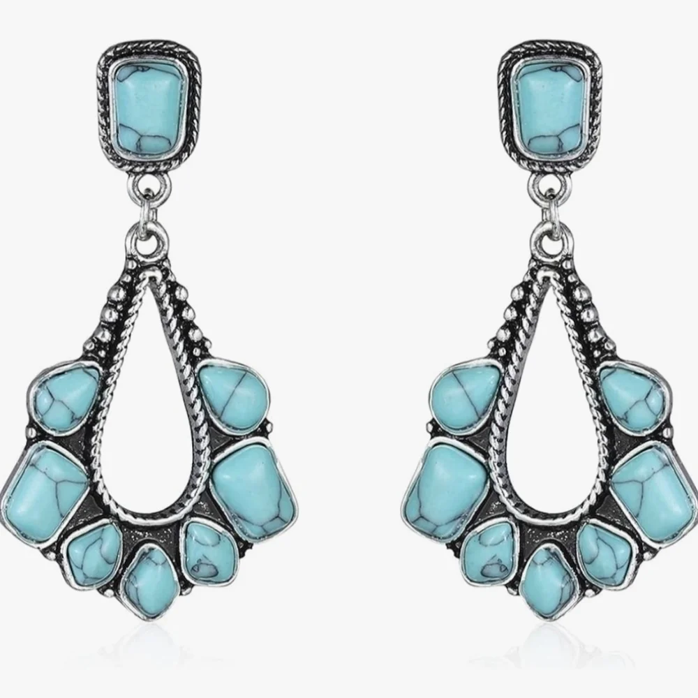Bohemian Earrings Silver Plated 2" Turquoise Western Jewelry - Picture 3 of 8